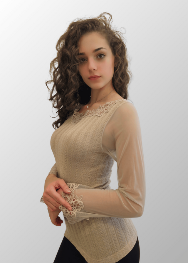 Maglia jacquard con tulle e macramé Roberta in Lana Seta