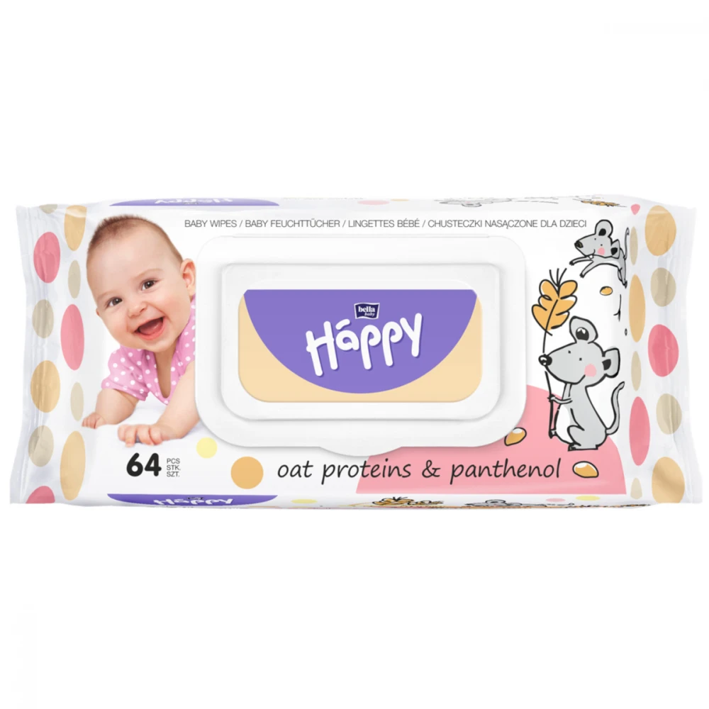 Wet wipes Happy Bella Baby Oat proteins and Panthenol - 64 pcs