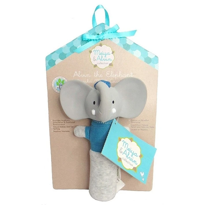 Alvin the elephant Squeaker rattle in organic cotton and natural rubber