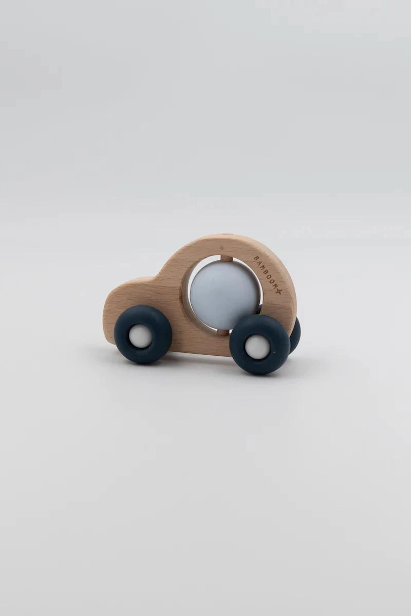 Toy Car in Wood and Blue and Light Blue Silicone