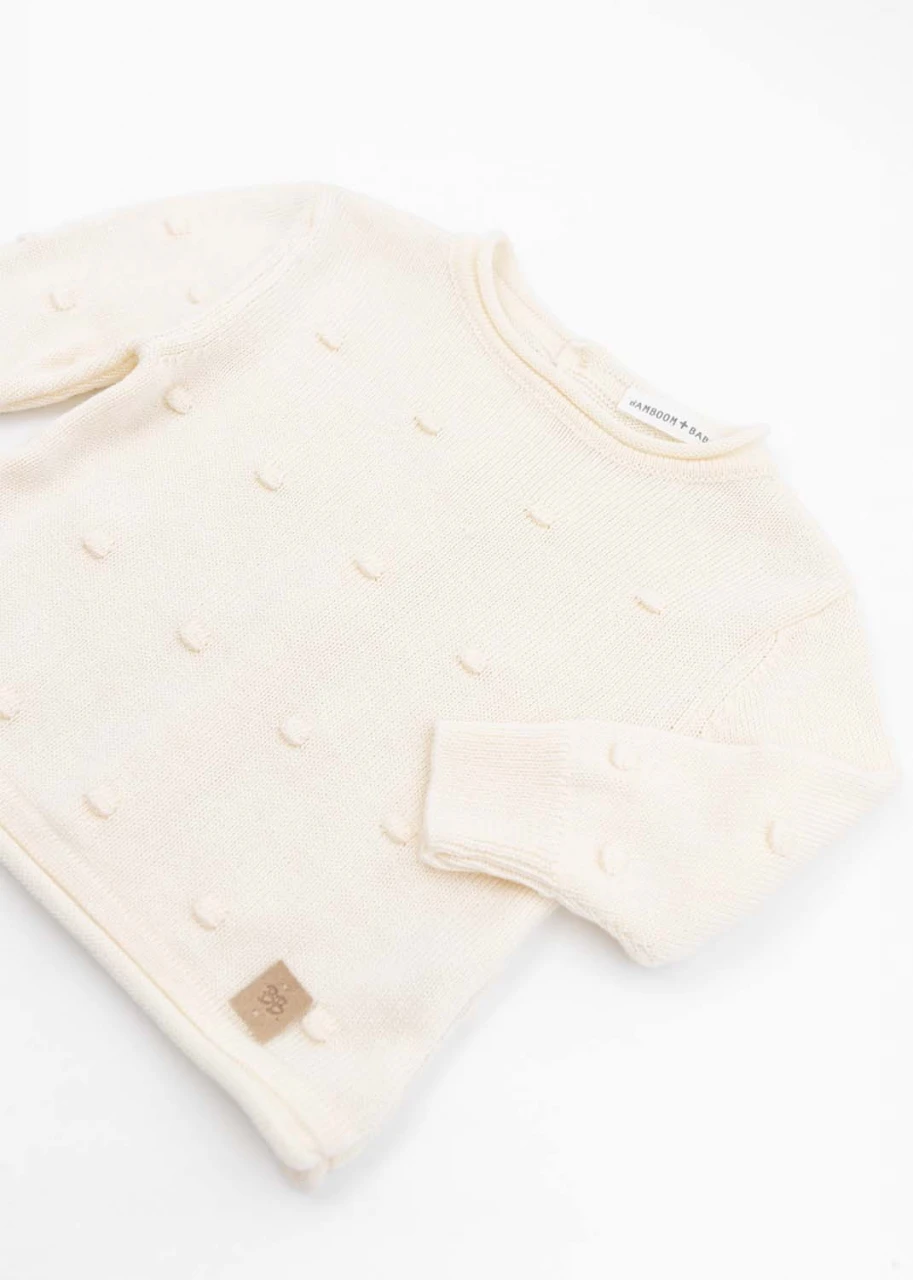 Mini pom-pom sweater for babies in organic Bamboo - White