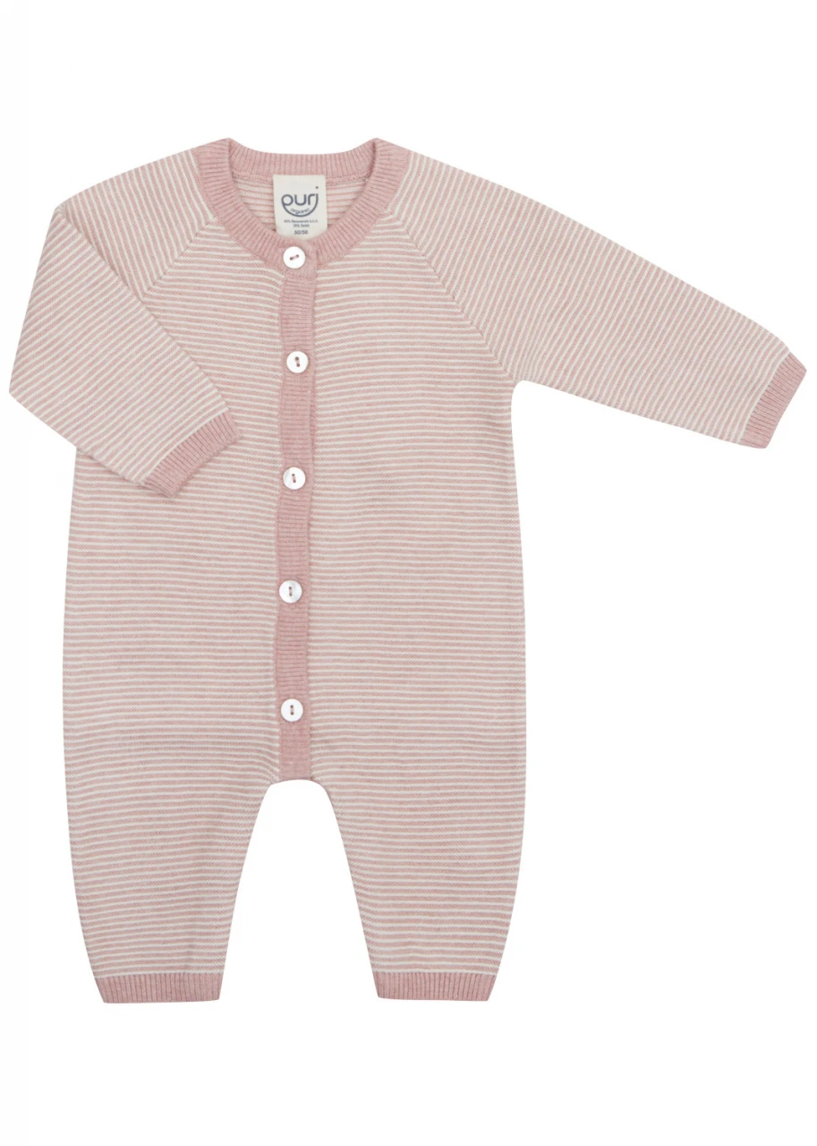 Baby Sleepsuit in Organic Cotton and Silk - Rose and white stripes