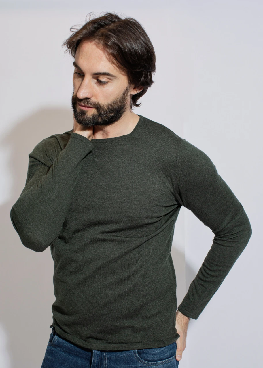 Khaki crew-neck pullover for men in Lyocell TENCEL and organic cotton