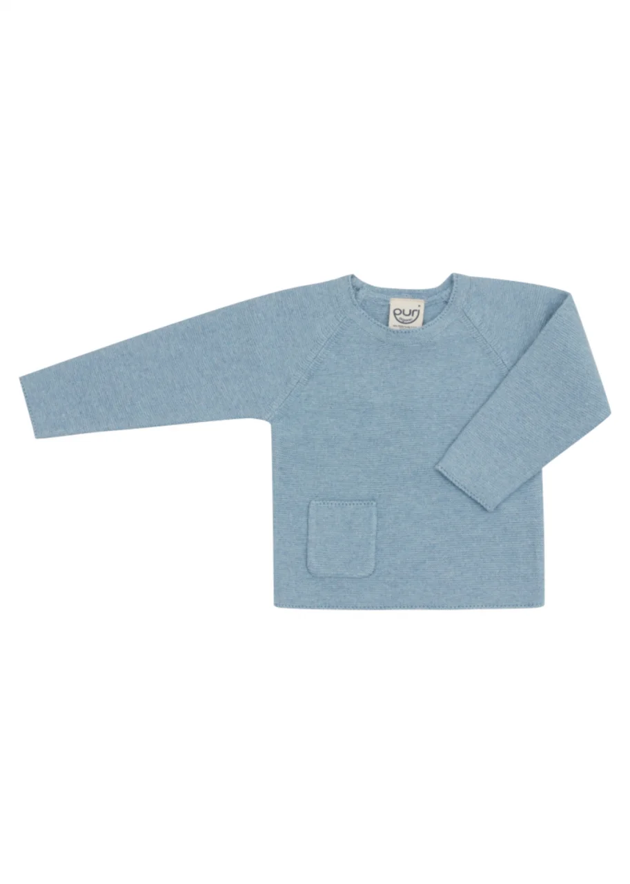 Dusty blue pocket sweater for babies in Organic Cotton and Silk