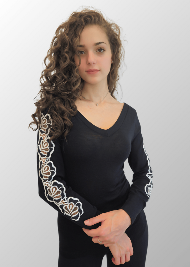 Gabriella Wool Silk Floral Sleeve Sweater 