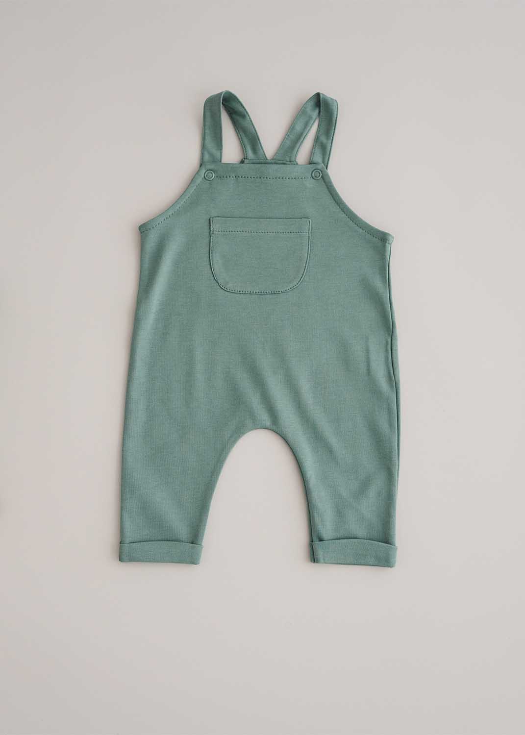 Green dungarees for babies in super soft organic PIMA cotton