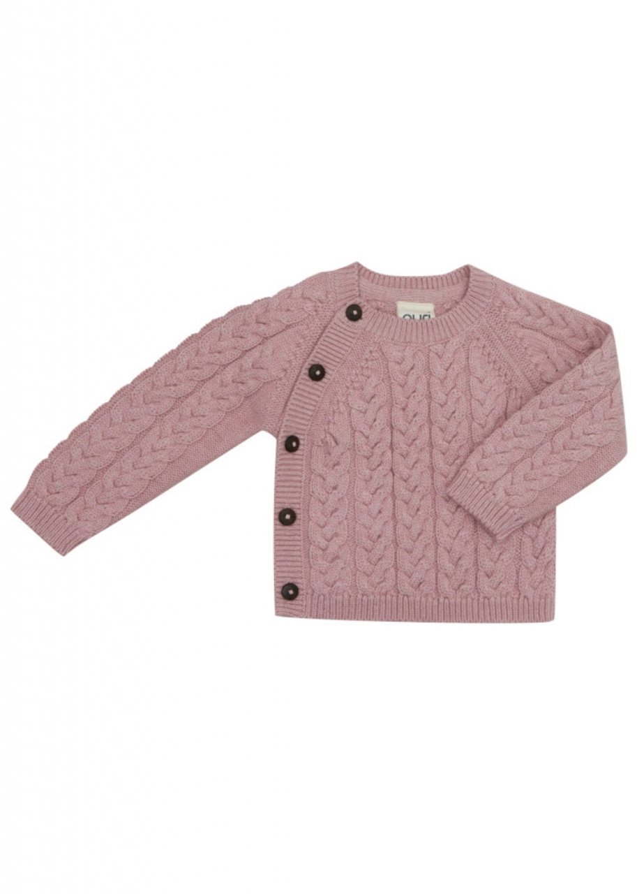 Maglioncino kimono a trecce rosa per neonati in cotone biologico e lana