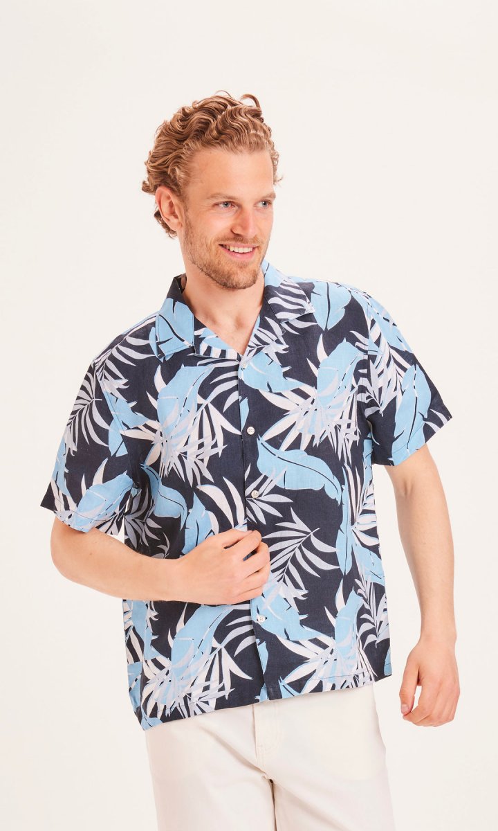 Man shirt WAVE palm print in 100% Organic Linen
