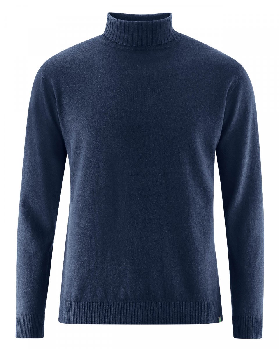 Turtleneck pullover for men in hemp and organic cotton - Navy Blue