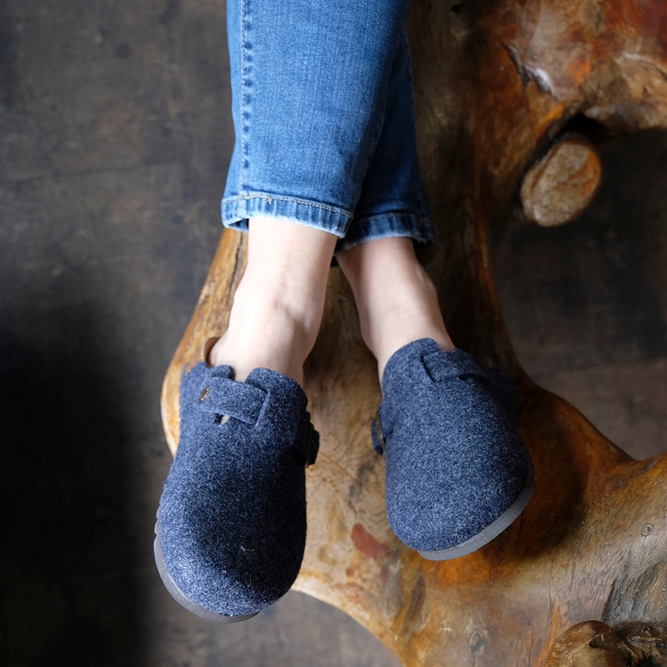 Pantofole Sabot Belt Jeans in feltro di pura lana