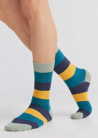 Green / blue / mustard striped socks in organic cotton Albero Natur_81191