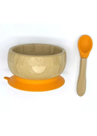 Bowl with suction cup + spoon in bamboo wood and silicone_103858