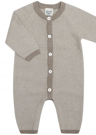Baby Sleepsuit in Organic Cotton and Silk - Taupe and white stripes_104938