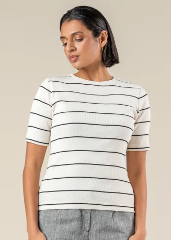 Ria striped beige and black women's T-shirt in natural cotton_109751
