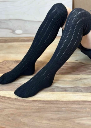 Black Perforated Women's Knee-high Socks in Alpaca and Wool_106600