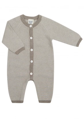 Baby Sleepsuit in Organic Cotton and Silk - Taupe and white stripes_104941