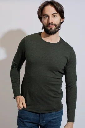 Khaki crew-neck pullover for men in Lyocell TENCEL and organic cotton_105772