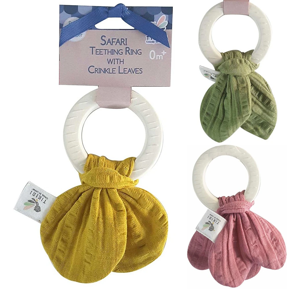 Multisensory ring teether in rubber and organic cotton