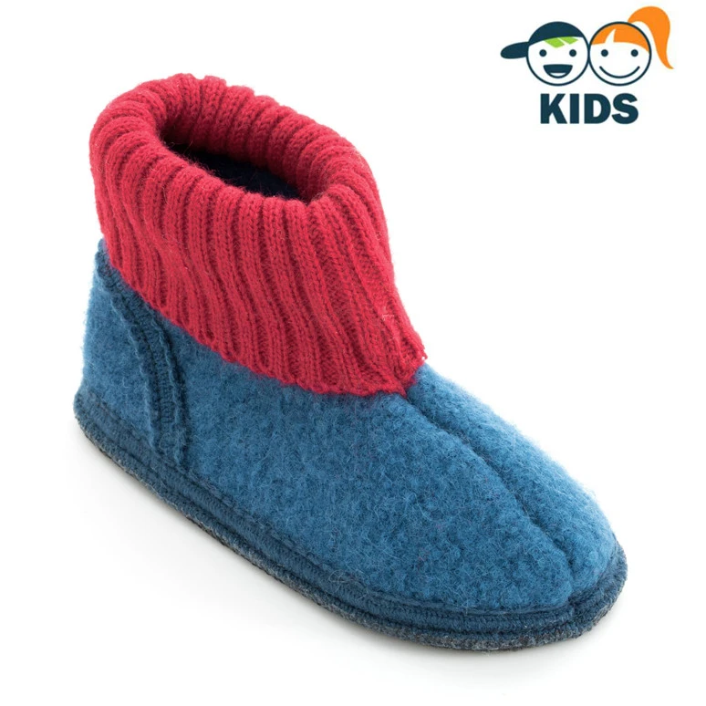 Children's boiled wool bootie slippers BLUE RED