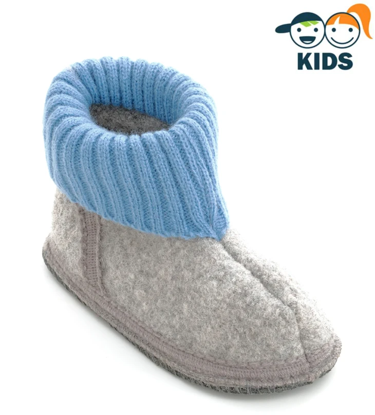 Ankle boot slippers for children in boiled wool GRAY BLUE