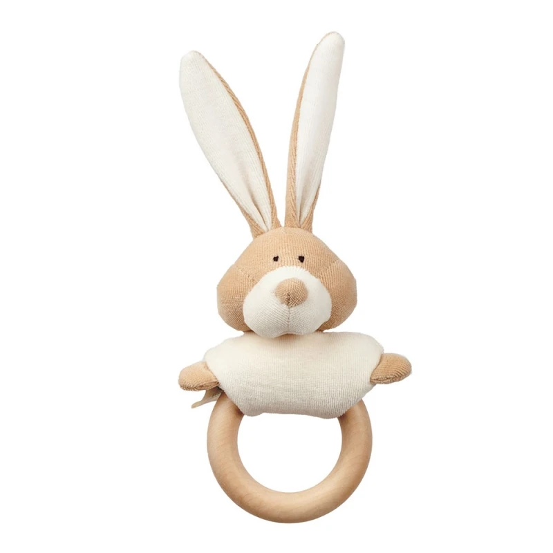 Bunny rattle in organic cotton with wooden ring