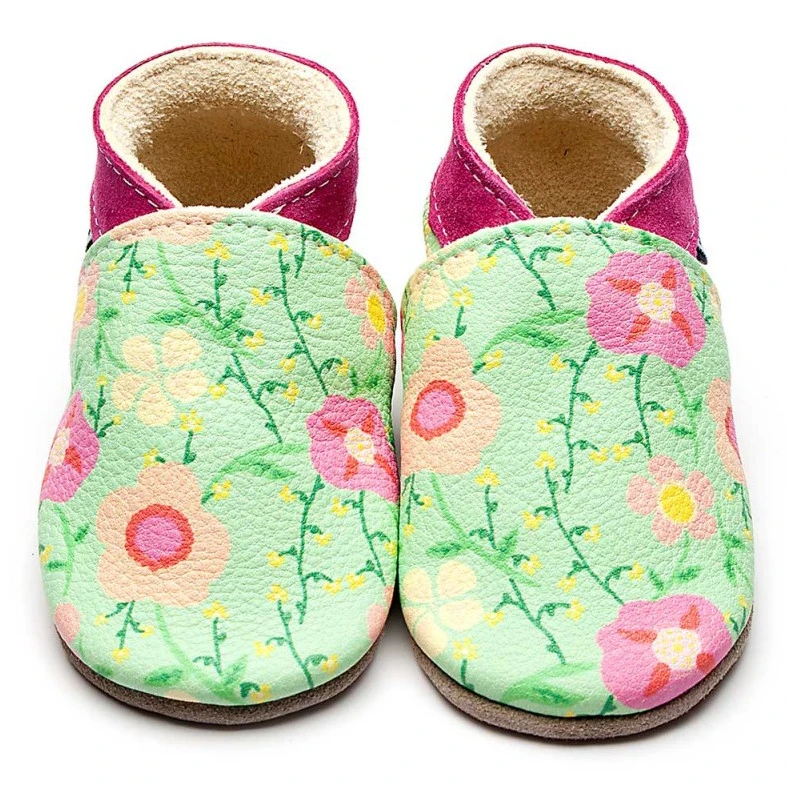 Baby shoe with soft sole in leather FLEUR GREEN Inch Blue