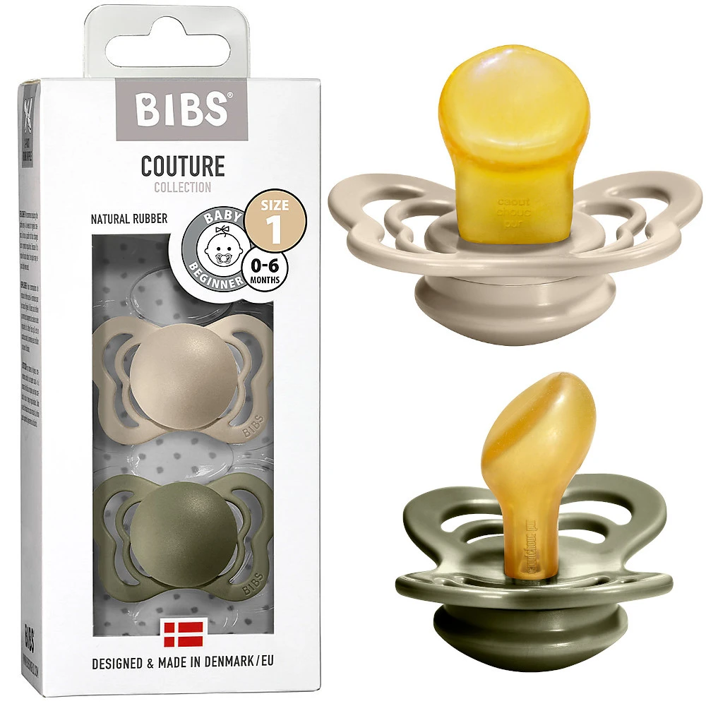 BIBS COUTURE Vanilla and Olive pacifiers with anatomical rubber teat