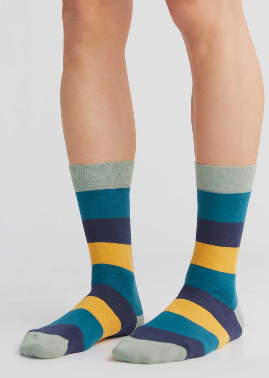 Green / blue / mustard striped socks in organic cotton Albero Natur