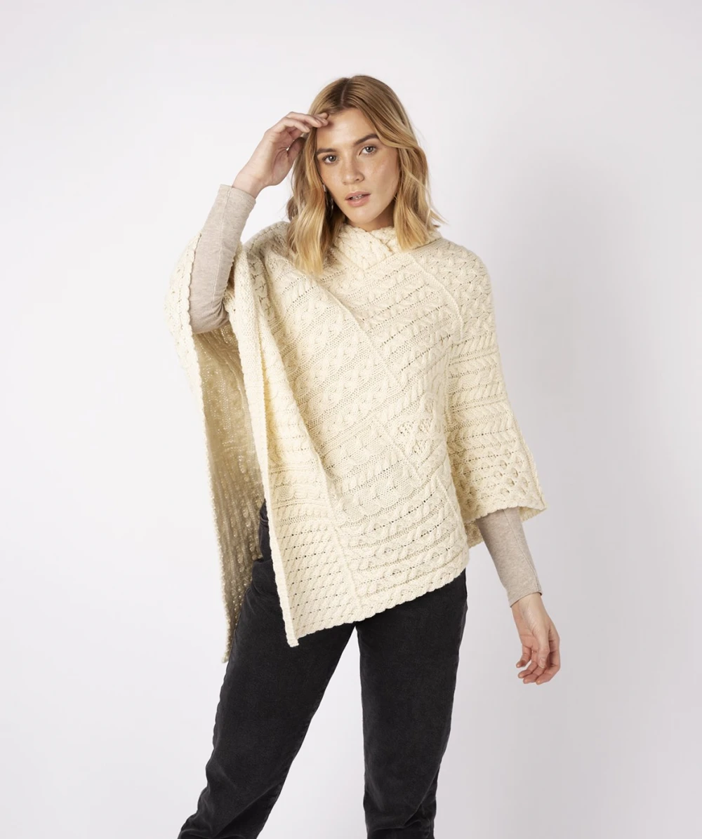 Elm Patchwork Poncho in natural merino wool