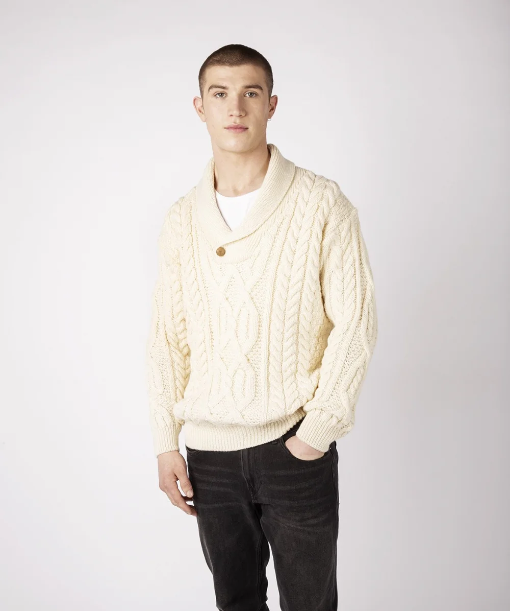 Dair Aran Shawl Collar Sweater in pure merino wool