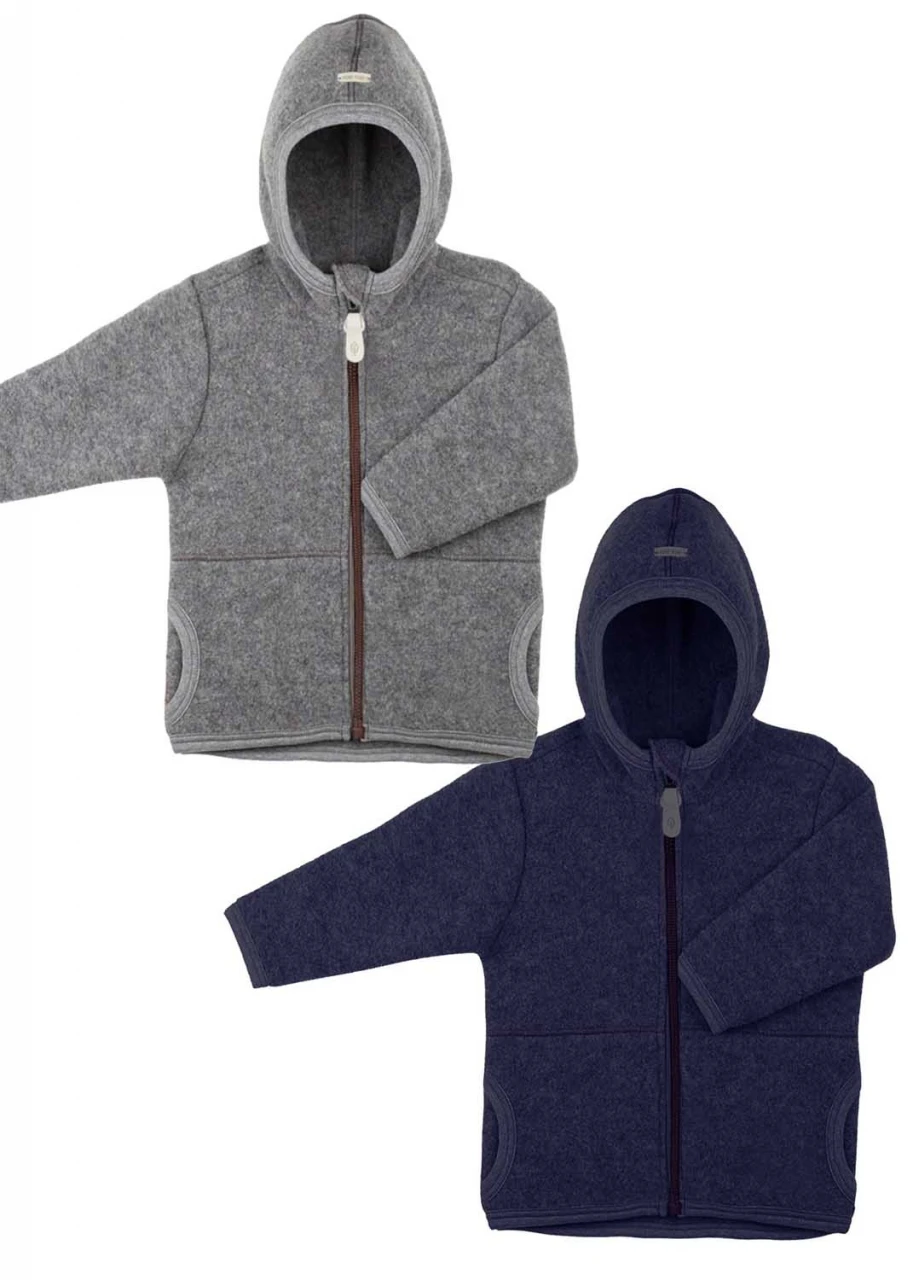 Heavy hooded jacket for kids in organic wool fleece