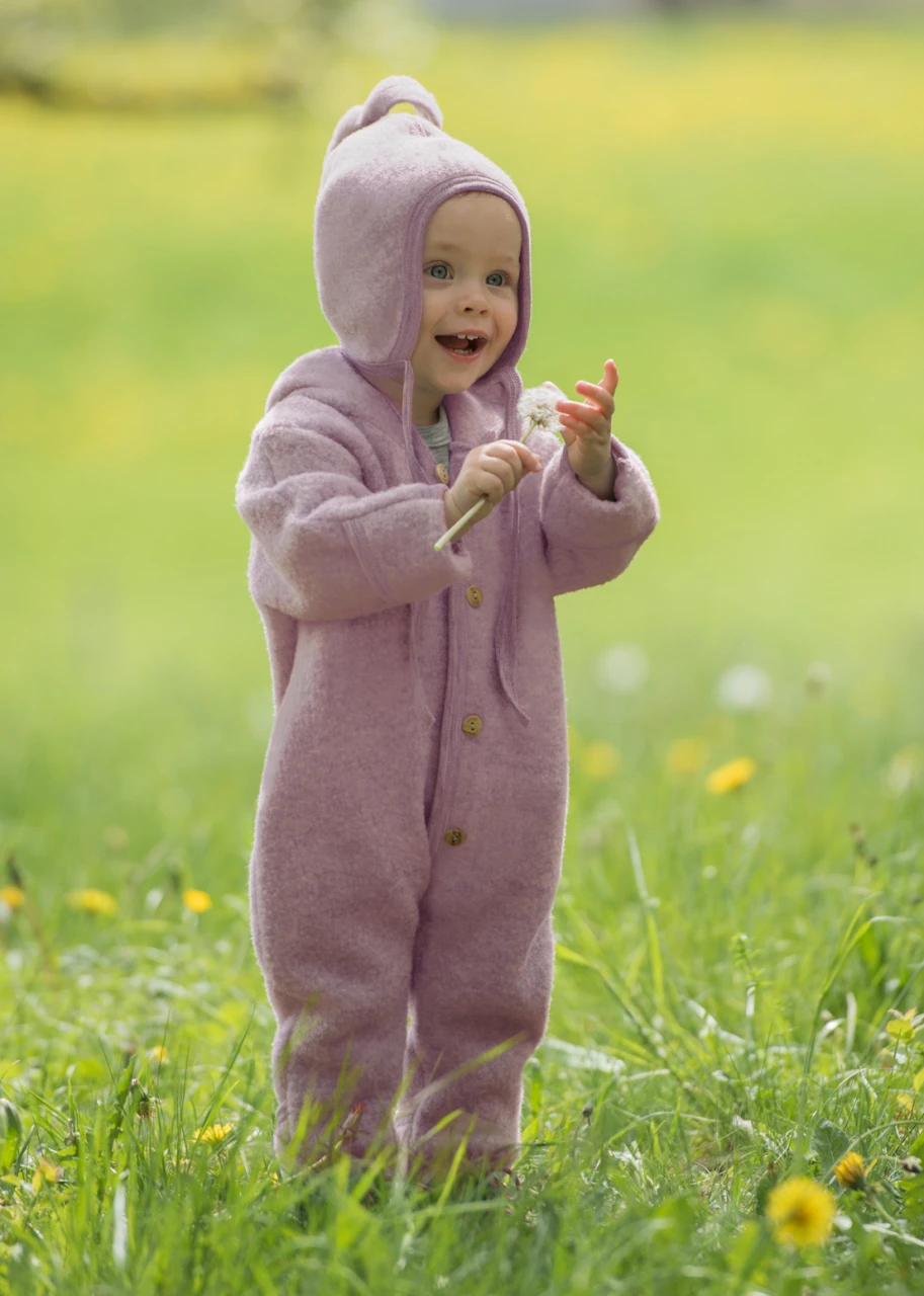 Baby hooded overall in organic wool - Pink
