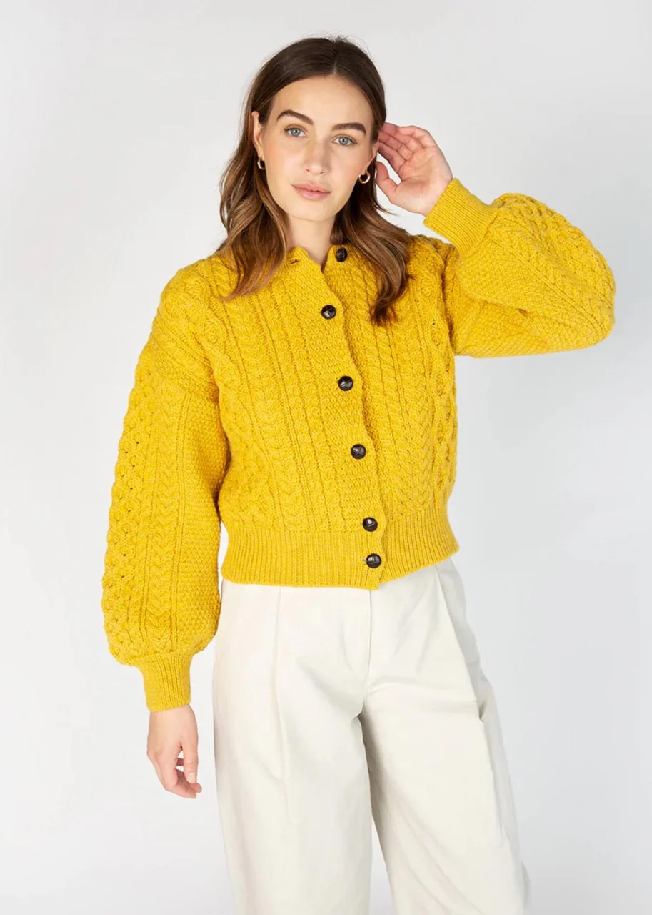 Blossom Clover Cropped Aran Cardigan in pure natural wool