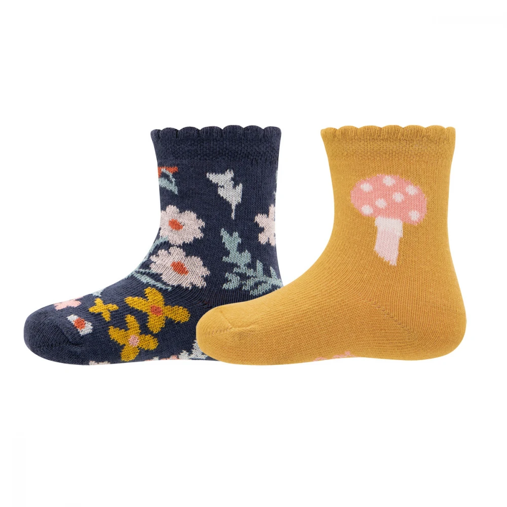 2 PAIR Socks for girls in organic cotton: Flowers and Mushrooms