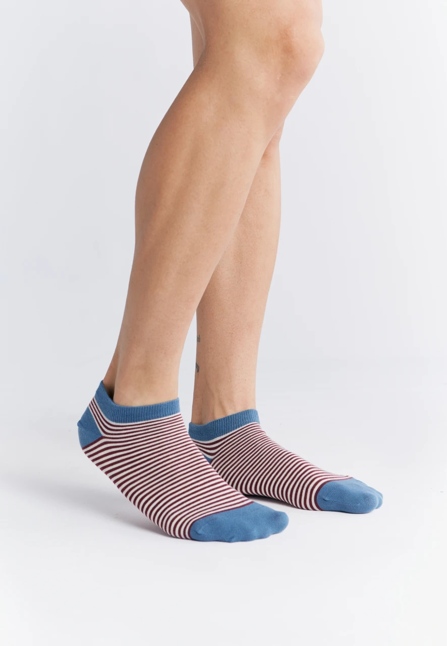 Albero burgundy striped sneaker socks in organic cotton