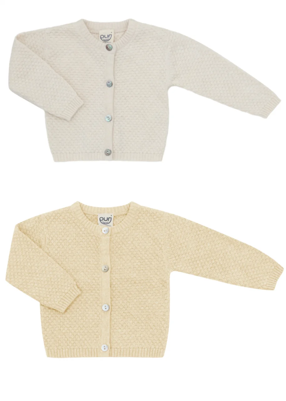 Popcorn cardigan for babies in organic cotton and linen