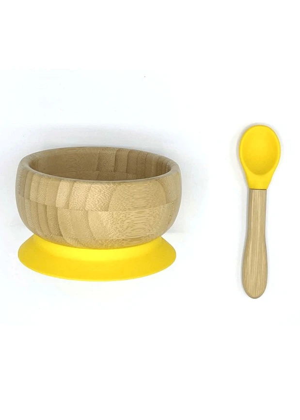 Bowl with suction cup + spoon in bamboo wood and silicone