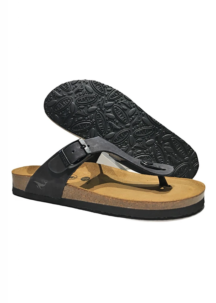 Man's anatomical black flip flops in cork and natural leather