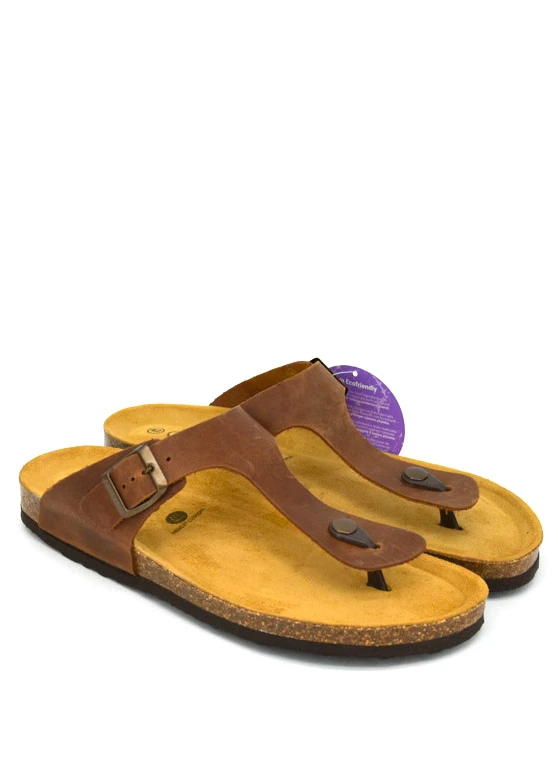 Man's anatomical brown flip flops in cork and natural leather
