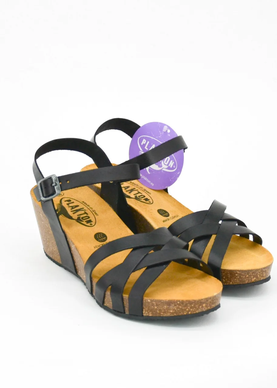 Women's Bretton black anatomical wedge sandals in cork and natural leather