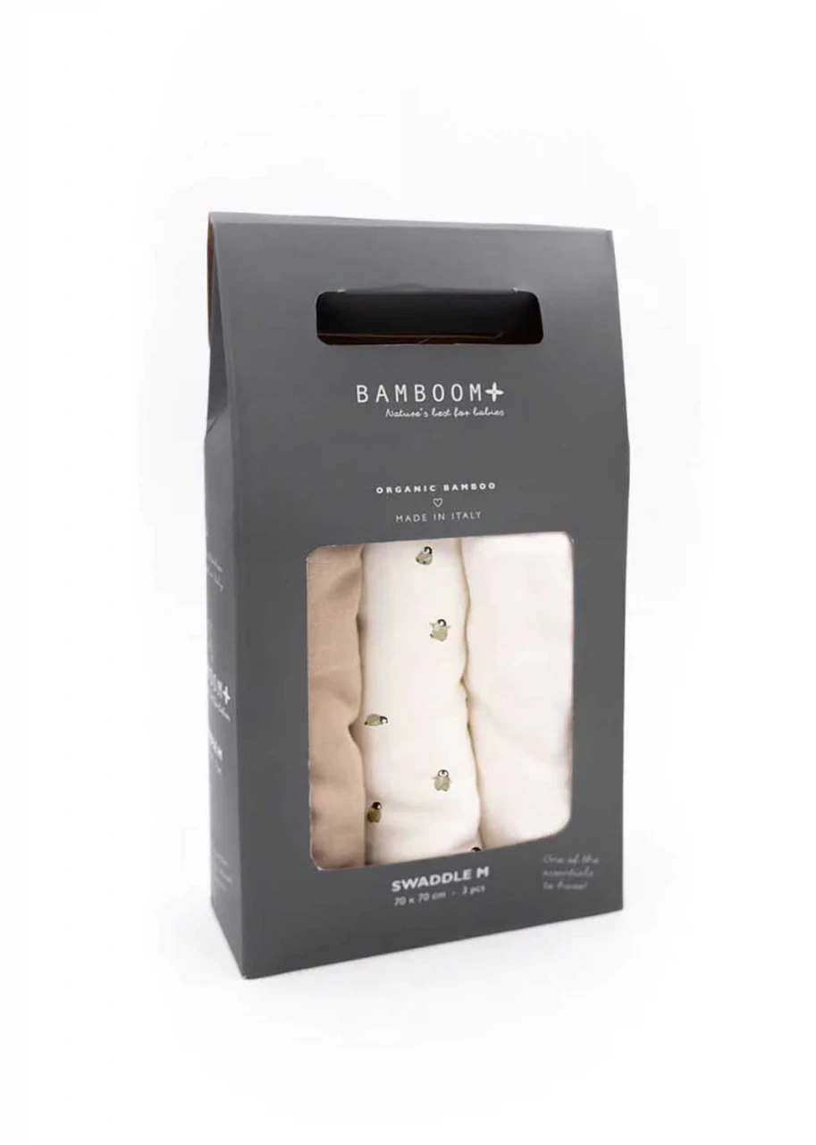Swaddle medium in organic Bamboo muslin - 3 pieces: Penguins/Offwhite/Sand