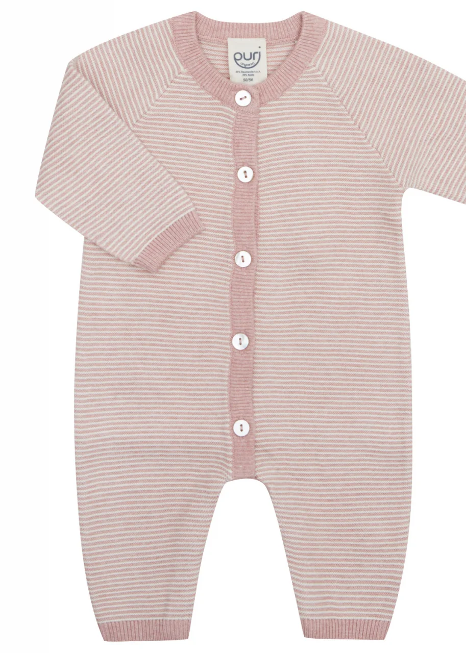 Baby Sleepsuit in Organic Cotton and Silk - Rose and white stripes_104940