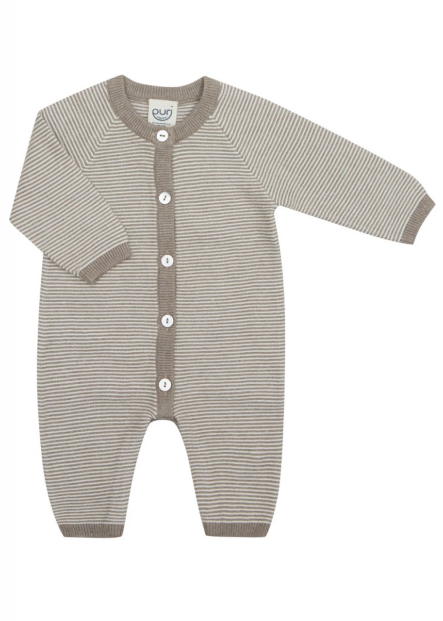 Baby Sleepsuit in Organic Cotton and Silk - Taupe and white stripes