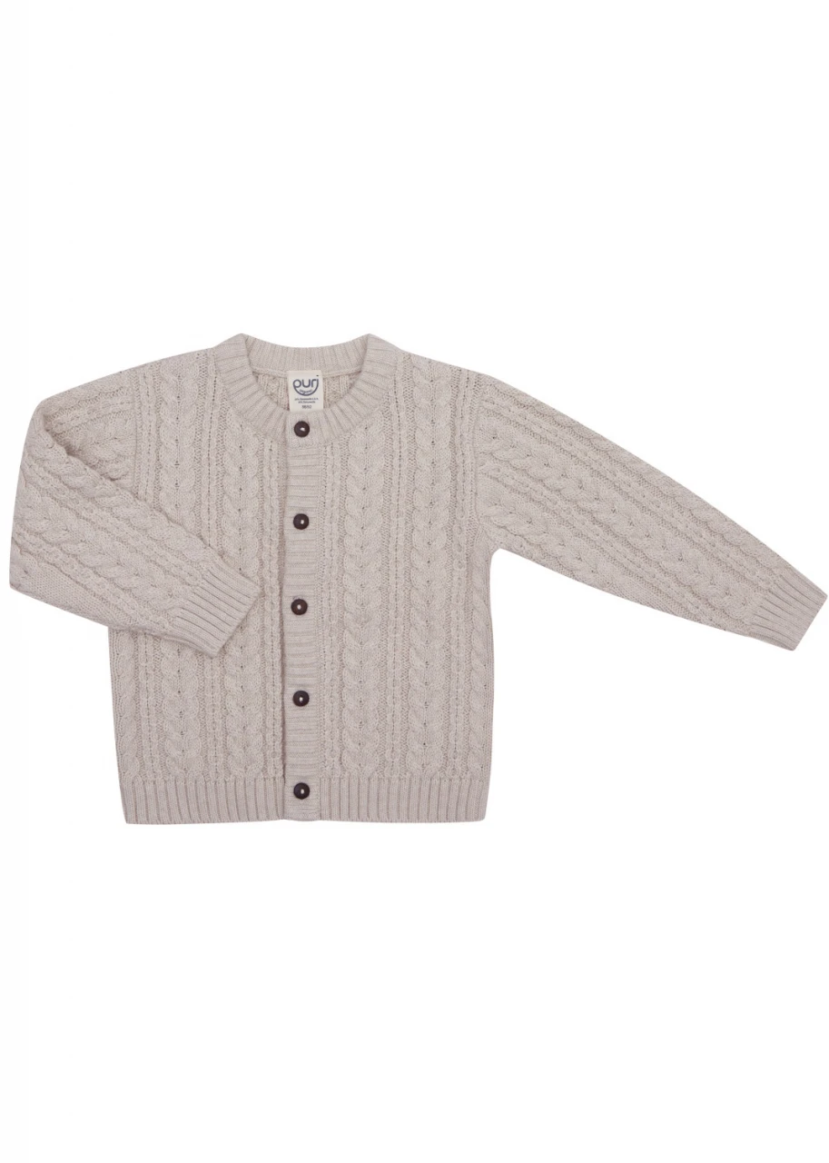 Cable-knit cardigan for babies in organic cotton and wood