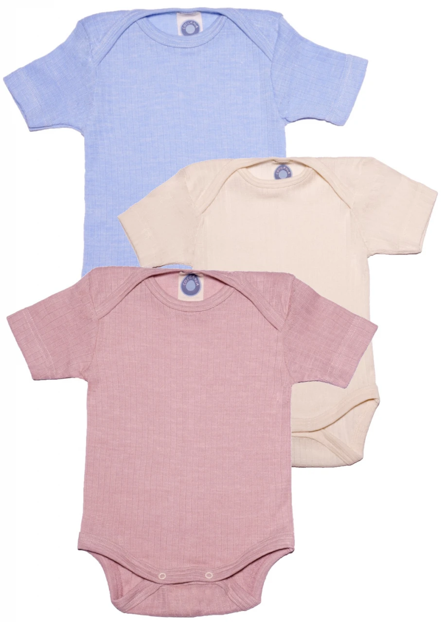 Baby short-sleeved bodysuit in wool, organic cotton and silk