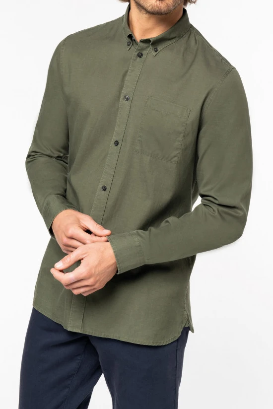Khaki washed shirt for men in Lyocell TENCEL and organic cotton