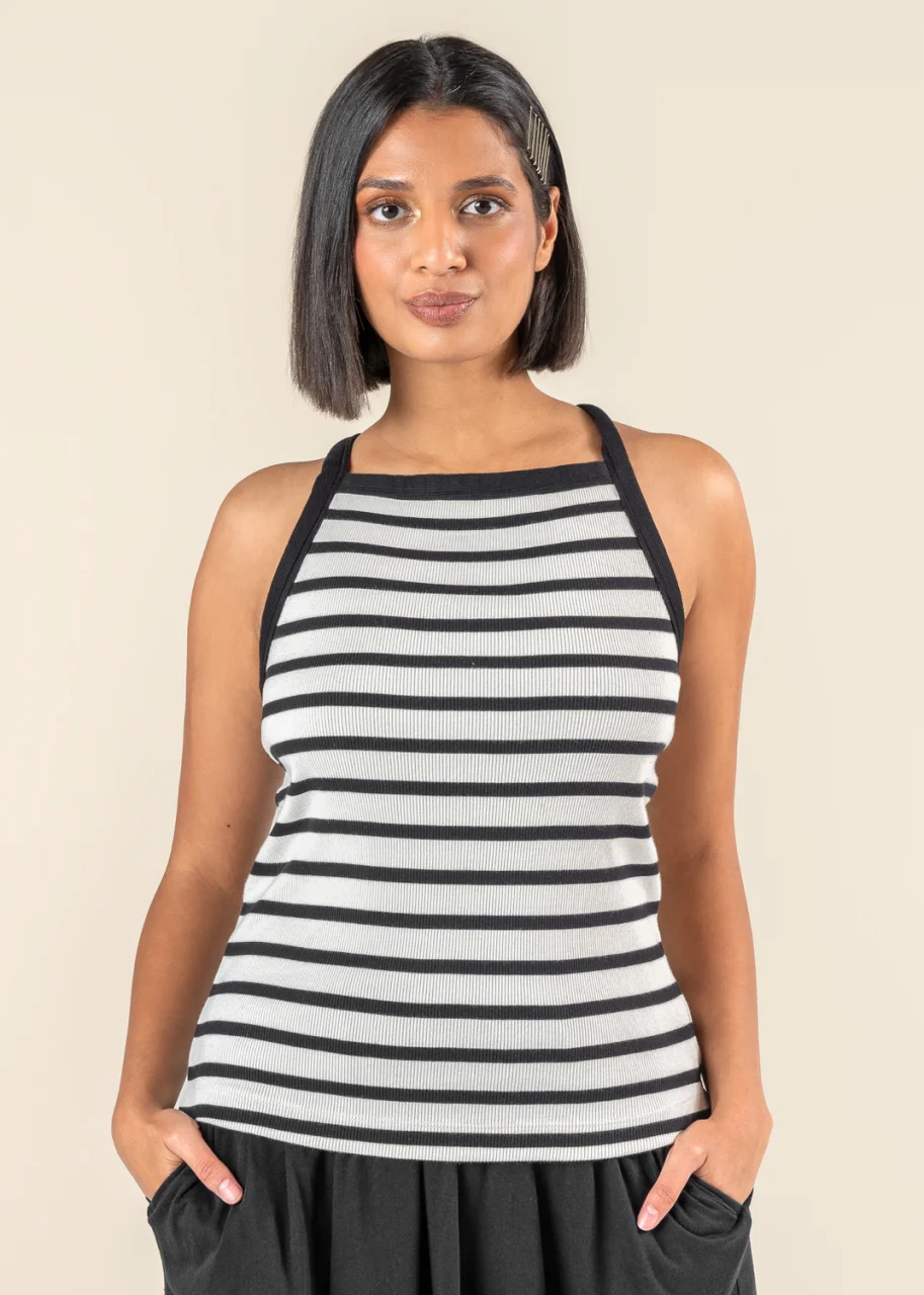 Women's beige and black ribbed Ramona top in organic cotton