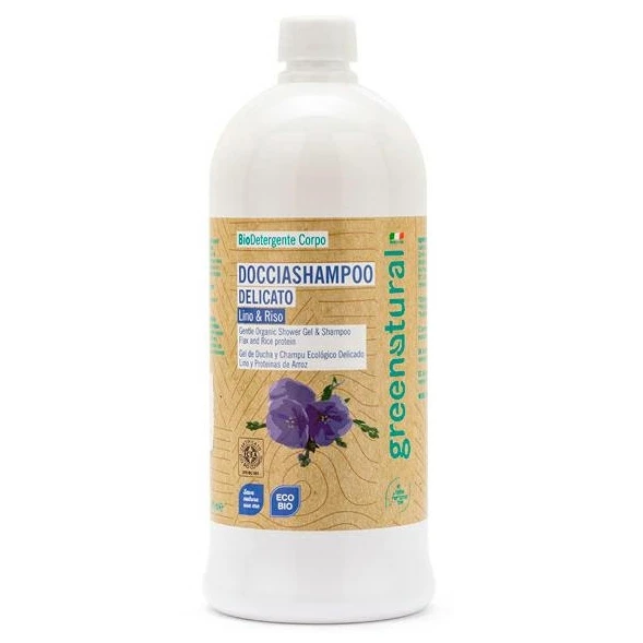 Shampoo doccia delicato eco-bio Lino e proteine del Riso - 1 lt